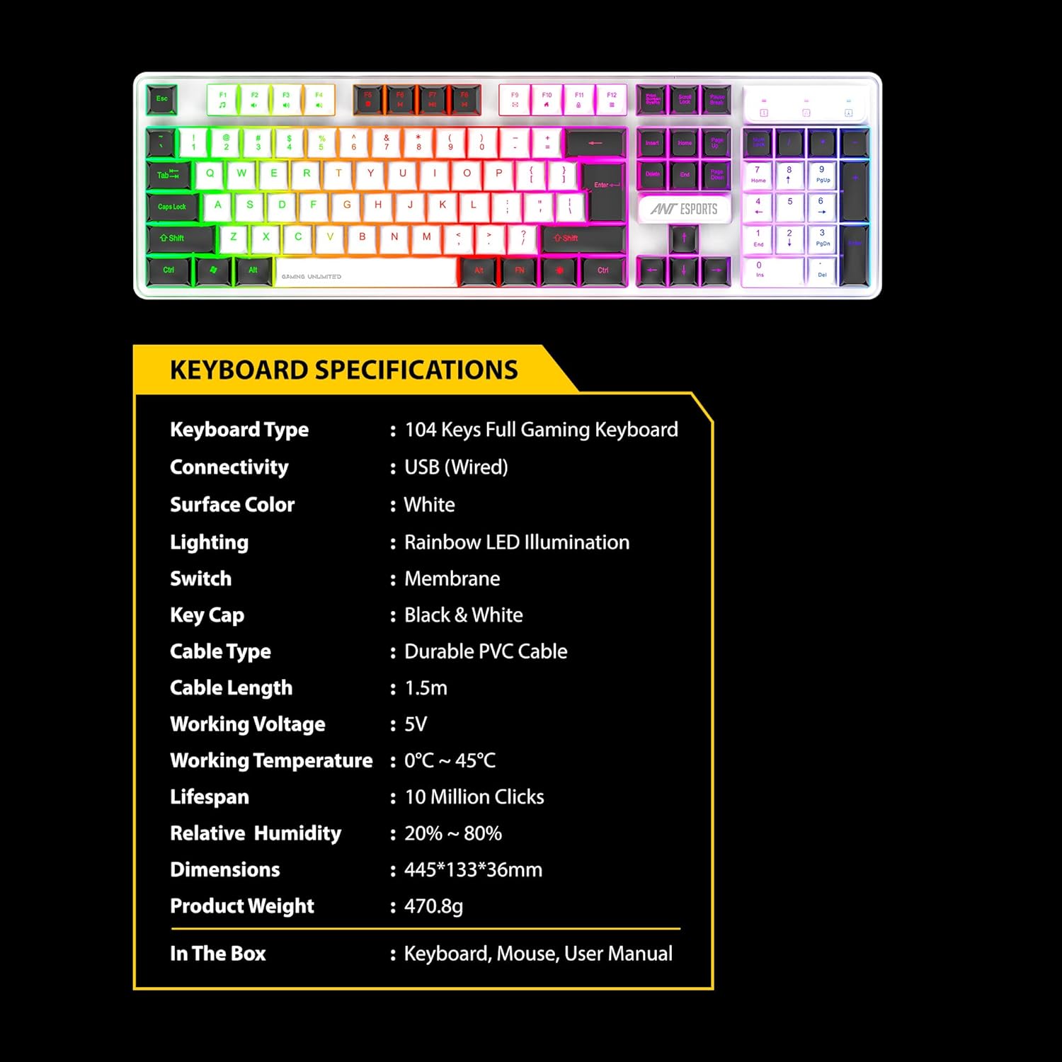 Ant Esports KM1610 LED Gaming Keyboard and Mouse Combo, 104 Keys Rainbow Backlit Keyboard - Image 3
